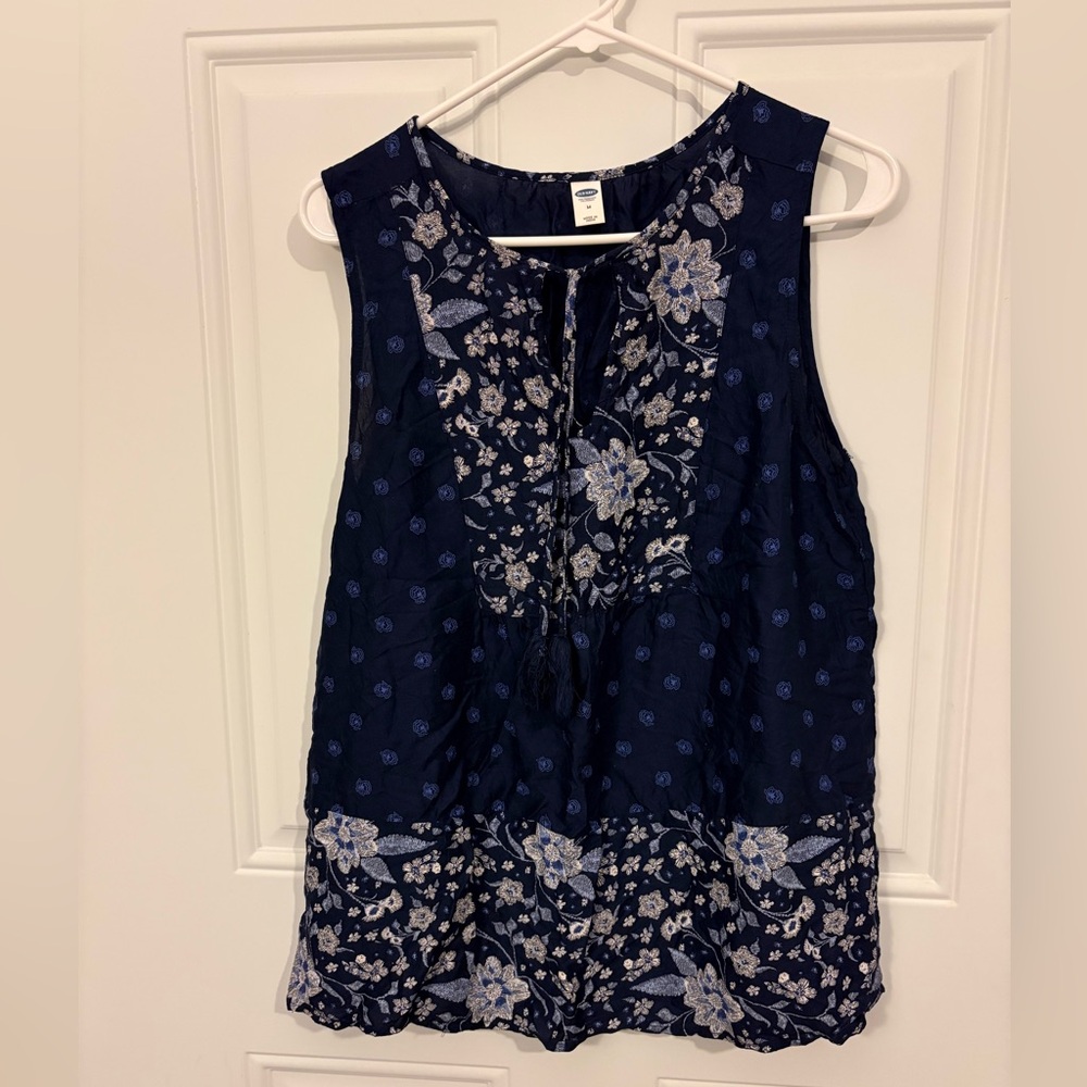 Womens Tank Top Peasant Blouse Shirt Old Navy Boho Blue Floral Tasseled Sz M